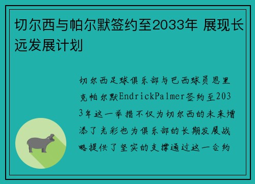 切尔西与帕尔默签约至2033年 展现长远发展计划 切尔西与帕尔默签约至2033年 展现长远发展计划