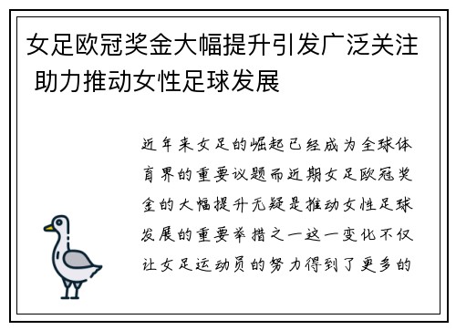 女足欧冠奖金大幅提升引发广泛关注 助力推动女性足球发展 女足欧冠奖金大幅提升引发广泛关注 助力推动女性足球发展