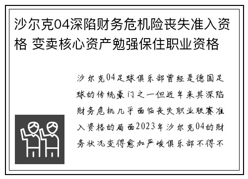 沙尔克04深陷财务危机险丧失准入资格 变卖核心资产勉强保住职业资格 沙尔克04深陷财务危机险丧失准入资格 变卖核心资产勉强保住职业资格